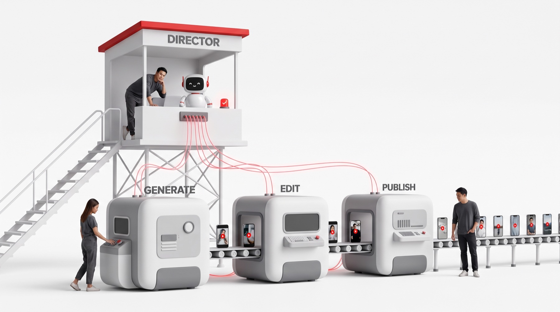 สายการผลิตอัตโนมัติ GENERATE EDIT PUBLISH โดยมีบูธผู้กำกับคอยตรวจและอนุมัติงาน