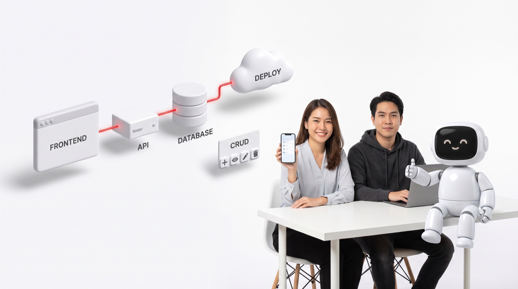แอดมินโชว์เว็บแอปบนมือถือ เหนือหัวเป็นโครงระบบ FRONTEND API DATABASE DEPLOY และการ์ด CRUD